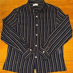 Zara Navy and Tan Mens Textured Striped Knit Button Down Shirt